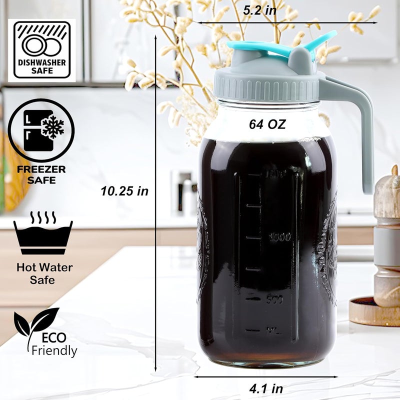 GMSWEET Cold Brew Coffee Maker 64 Oz Wide Mouth Mason Jar Iced Coffee Maker 2 Set Half Gallon Glass Pitcher With Strainer 2 Quart Cold Brew Pitcher With Spout Lids For Fridge, Lemonade, Cold Brew, Milk - Image 5